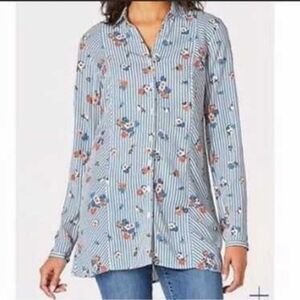 {J. Jill} Floral Striped Button Down Shirt in Blue and White